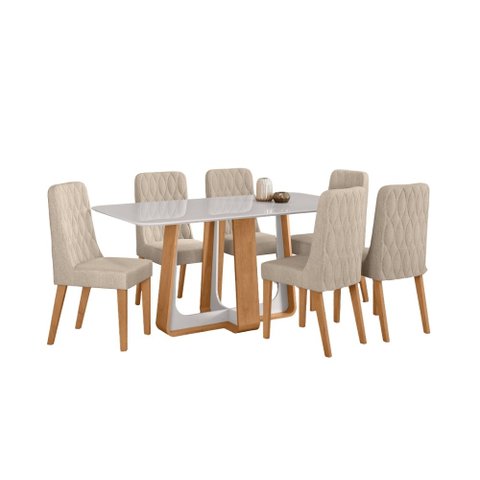 Conjunto Sala de Jantar Mesa Sintonia 170 Tampo Vidro Off White com 6 Cadeiras Luar - Lopas Amendoa 