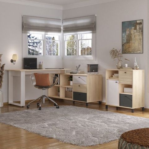 Conjunto 2 Peças para Escritório com Escrivaninha Next e Balcão Nordik Carvalho Grafite Branco Marrom
