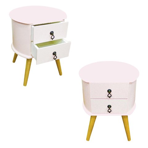 Kit 2 Mesas de Cabeceira Gavetas Retrô Pés Palitos Madeira:rosa