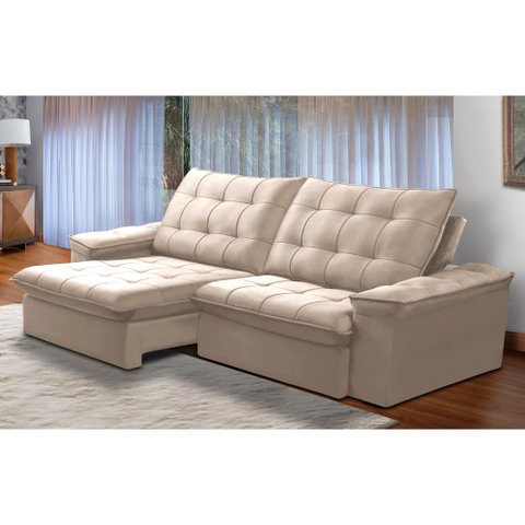 Sofá Retrátil e Reclinável Alasca New 5 Lugares Veludo Bege 250cm - Ferguile
