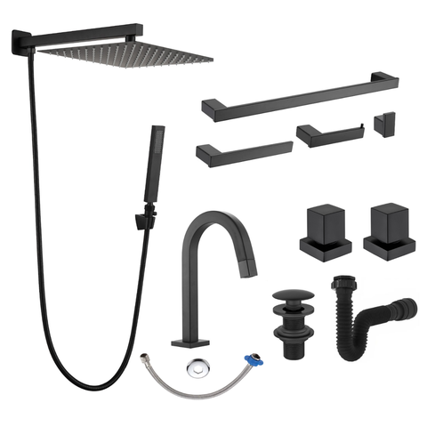 Kit Completo de Banheiro Lavatório com Válvula Click Up 7/8 e Sifão Universal Preto Metal Premium