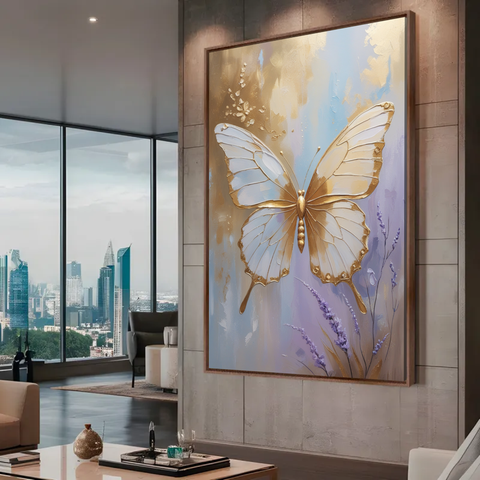 Quadro Decorativo Borboleta Dourada Lavanda Azul Elegante