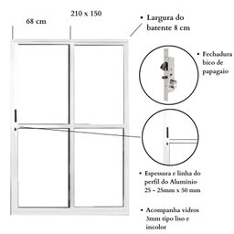 Porta Sacada de Alumínio 2 Folhas 210 x 150cm com Fechadura Linha 25 - 3