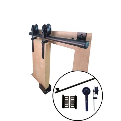 Kit p/ Porta Celeiro 2 Roldanas Aparente - Tubular 2,00 M - Preto