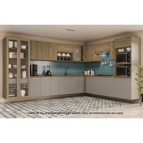 Armário de Cozinha Modulada Completa de Canto 18 Peças 3,79x2,88m Botanic Kappesberg