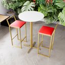 Ver imagem 1 de Jogo Mesa Alta Bistrô Redonda Branca 2 Banquetas Estofado Confort Industrial Dourado Don Castro Deco
