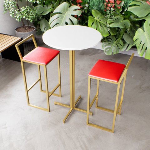 Jogo Mesa Alta Bistrô Redonda Branca 2 Banquetas Estofado Confort Industrial Dourado Don Castro Deco