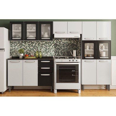 Cozinha Modulada Completa Evidence 4pçs (2 Armários Balcão Paneleiro) C4p55 Branco/preto -