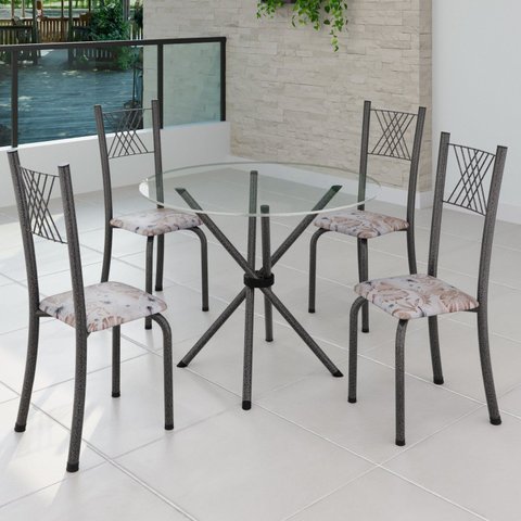 Conjunto de Jantar Mesa Tampo Redondo de Vidro Incolor com 4 Cadeiras Sara Yescasa Prata/Botanic Bege/Mart