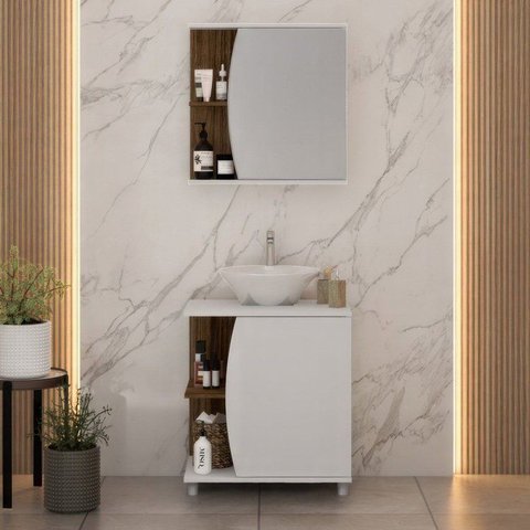 Gabinete para Banheiro e Espelheira 60cm Moab Branco/Aveiro