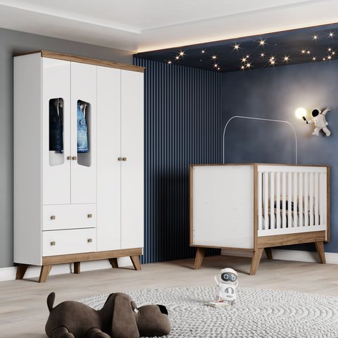 Conjunto Quarto de Bebê com Berço Mini Cama 3 em 1 + Guarda Roupas com Portas Janeladas Branco/Jequitibá HP Retrô Confete 