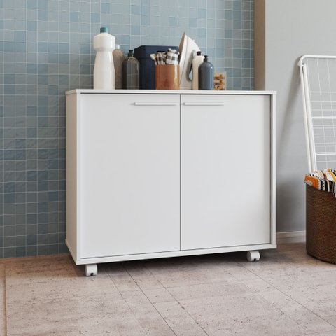 Balcão Multiuso 2 Portas 1 Prateleiras 4 Pés com Rodízios Branco