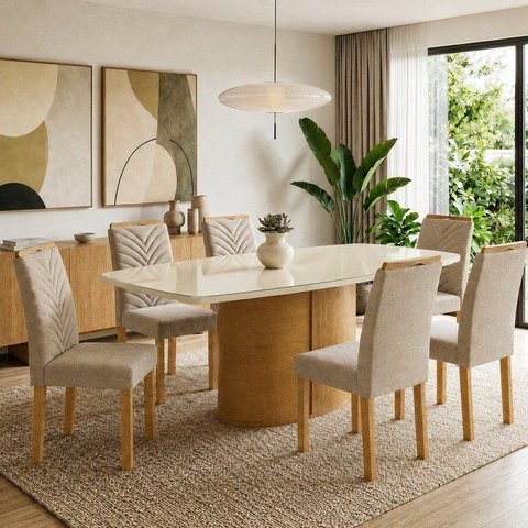 Conjunto de Mesa de Jantar 6 Lugares Diana com Cadeiras Carol 180x90cm Cinamomo Off White Bege
