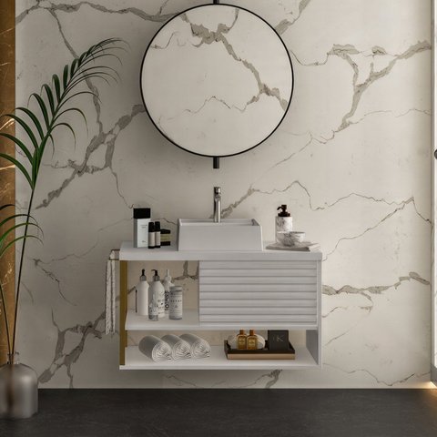 Gabinete para Banheiro com Cuba 80cm 1 Porta Urban Branco/Dourado
