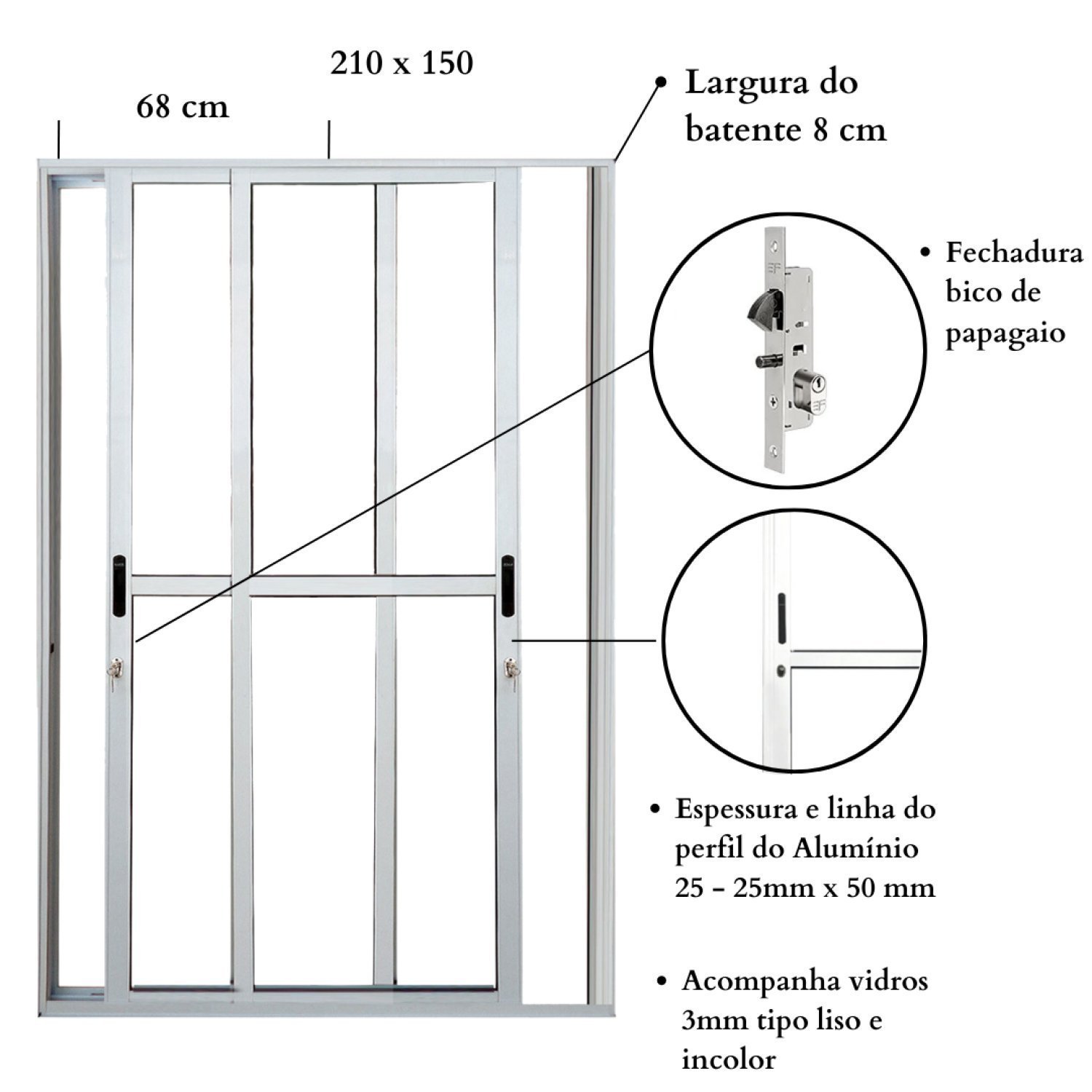 Porta Sacada de Alumínio 2 Folhas Móveis 210 x 150cm com Fechadura Linha 25 - 3