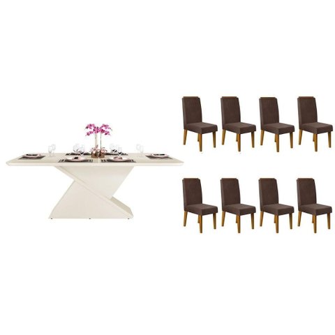 Sala de Jantar Completa Zafira C/ Tampo Madeirado C/ Vidro Curvo 200x10cm e 8 Cadeiras Lia Off White