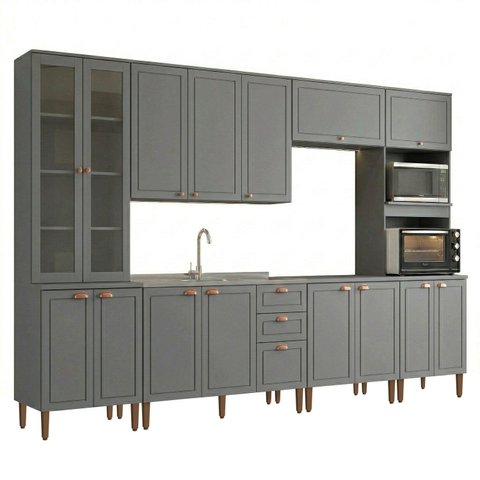 Cozinha Compacta Modulada 6 Peças com 16 Portas Americana Cinza Crystal