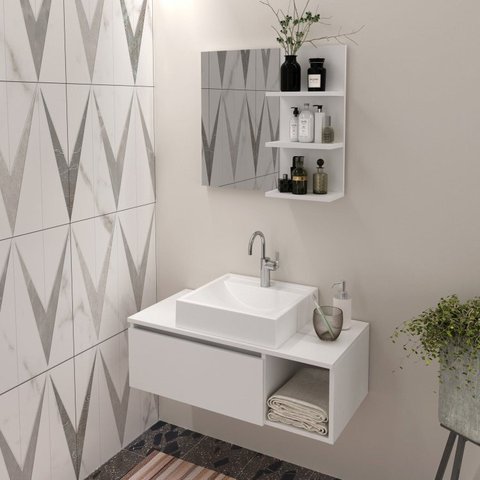 Conjunto Suspenso para Banheiro com Espelheira 80cm Branco