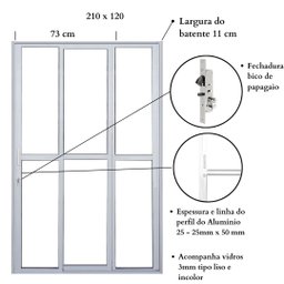 Porta Sacada de Alumínio 3 Folhas Sequenciais 210 x 120cm com Fechadura Linha 25 - 3