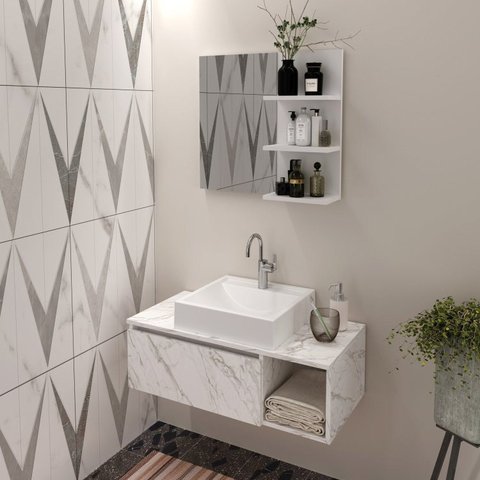 Conjunto Suspenso para Banheiro com Espelheira 80cm Branco/Marmorizado
