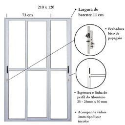 Porta Sacada de Alumínio 3 Folhas Sequenciais Móveis 210 x 120cm Linha 25 - 3