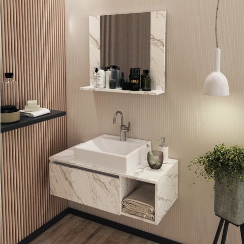 Conjunto Suspenso para Banheiro com Espelheira 80cm Branco/Marmorizado