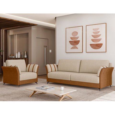 Conjunto Sofá 3 Lugares e Poltrona Loud Pu Caramelo | Linho Bege - Sallar Home