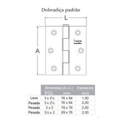 Kit 3 Dobradiças Haga 3x2½ Pino Chato sem Anel - 2546 - 2