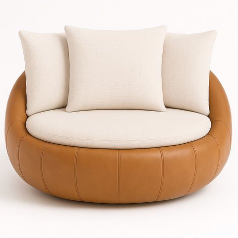 Poltrona Giratória 127cm Golden Courino Caramelo / Linho Off White - Sallar Home