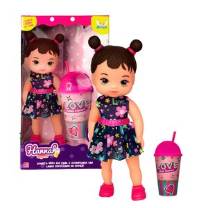 Hannah Suquinho C/ Copo Vinil Vestido Florido 30cm Brinquedo Menina
