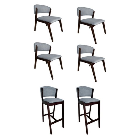 Kit 4 Cadeiras Kethellen Premium com 2 Banquetas Ana em Madeira Maciça Castanho Linho Cinza