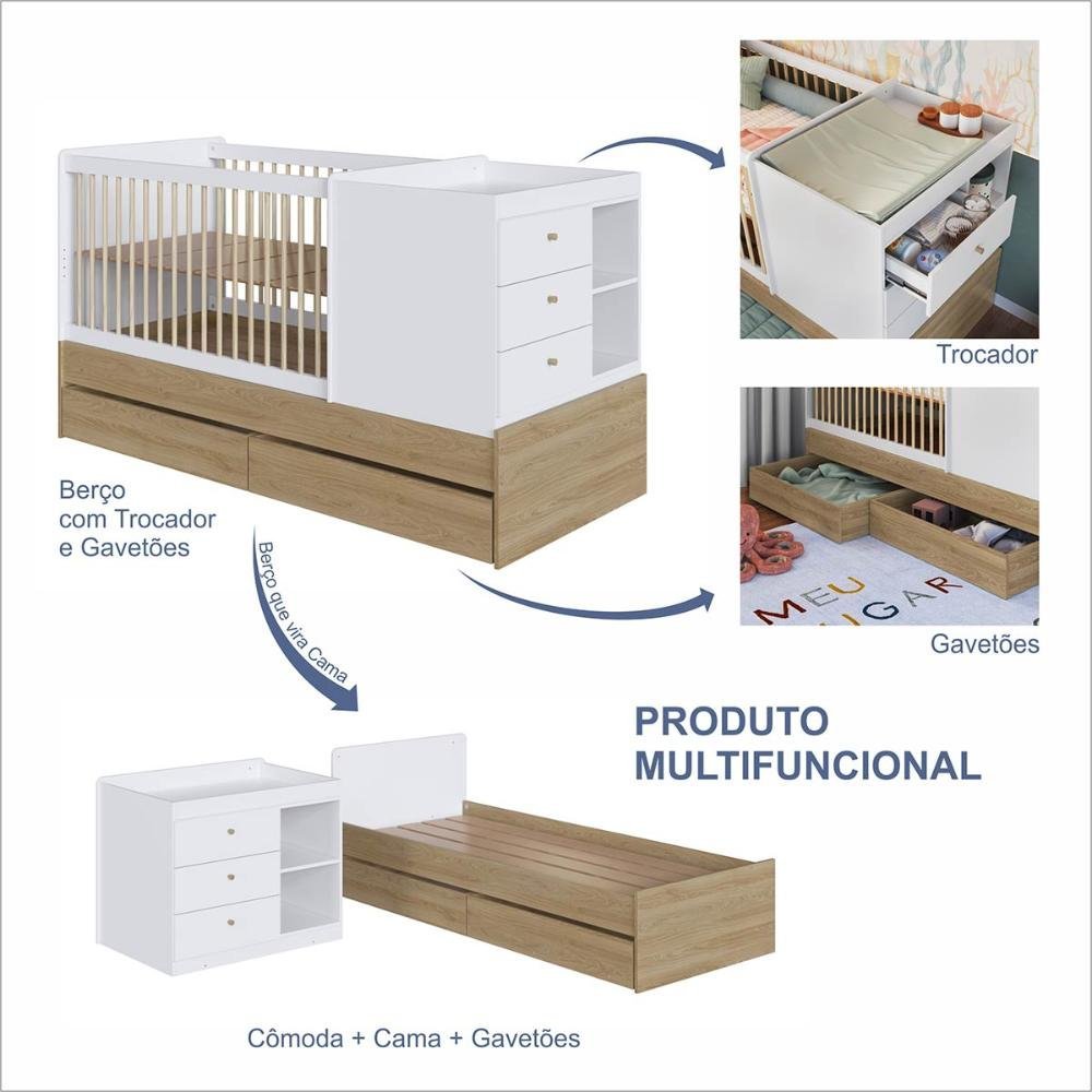 Berço Cama Multifuncional com Gavetões sem Colchão Linha Bb Aveiro Oak/branco Bb024 Completa Móveis - 6