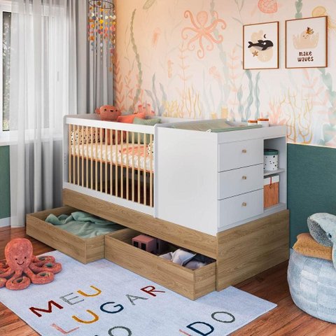 Berço Cama Multifuncional com Gavetões sem Colchão Linha Bb Aveiro Oak/Branco BB024 Completa Móveis
