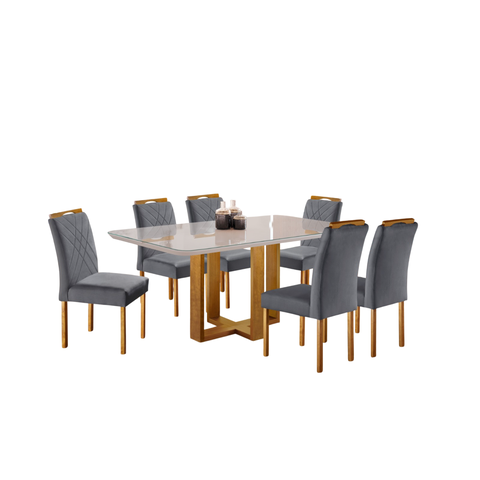 Conjunto Sala de Jantar 6 Lugares Rebeca Mesa 1.60x0.90 e Cadeiras Madeira Maciça Veludo Cinza