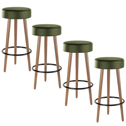 Kit 4 Banquetas Banco Alto Londres Couro Verde Bar Cozinha Pés Madeira Mz Decor