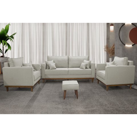 Kit Sofá 3 Lugares E 2 Poltronas Beny - Linho Cru