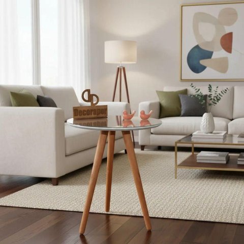 Mesa de Canto Redondo MDF Madeira Maciça 50cm Branco Decoraper