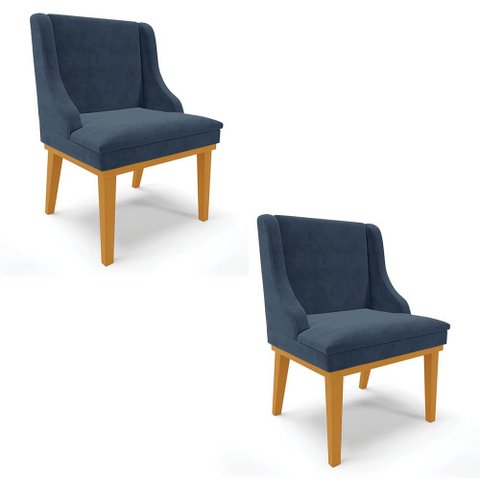 Kit 2 Cadeiras Estofadas para Sala de Jantar Base Fixa de Madeira Castanho Lia Suede Azul Marinho - 