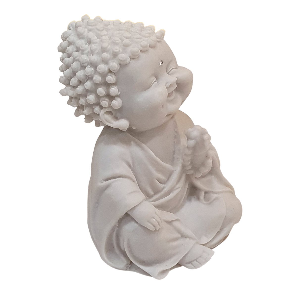 Escultura Monge Felicidade com Terço de Pó de Mármore Branco 15cm - 3