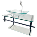 Ver imagem 1 de Kit Lavatório de Vidro Cuba 32x30cm + Tampo 48x35cm - Incolor + Suporte