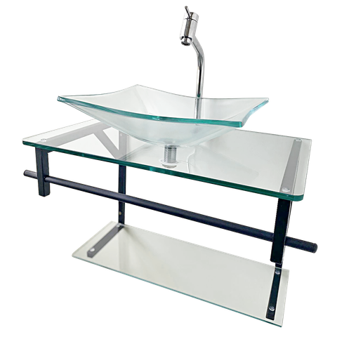 Kit Lavatório de Vidro Cuba 32x30cm + Tampo 48x35cm - Incolor + Suporte