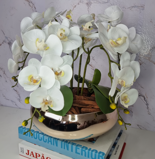 Arranjo Com 4 Orquídeas Branco Vaso Dourado 28cm - 3
