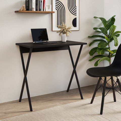 Escrivaninha X 80x46 para Home Office e Computador com Base em Ferro - Ferro Preto Tampo Preto