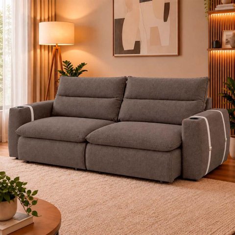 Sofá Retrátil Reclinável Lugano 2,90m USB e Porta Copos Linho Marrom - King House