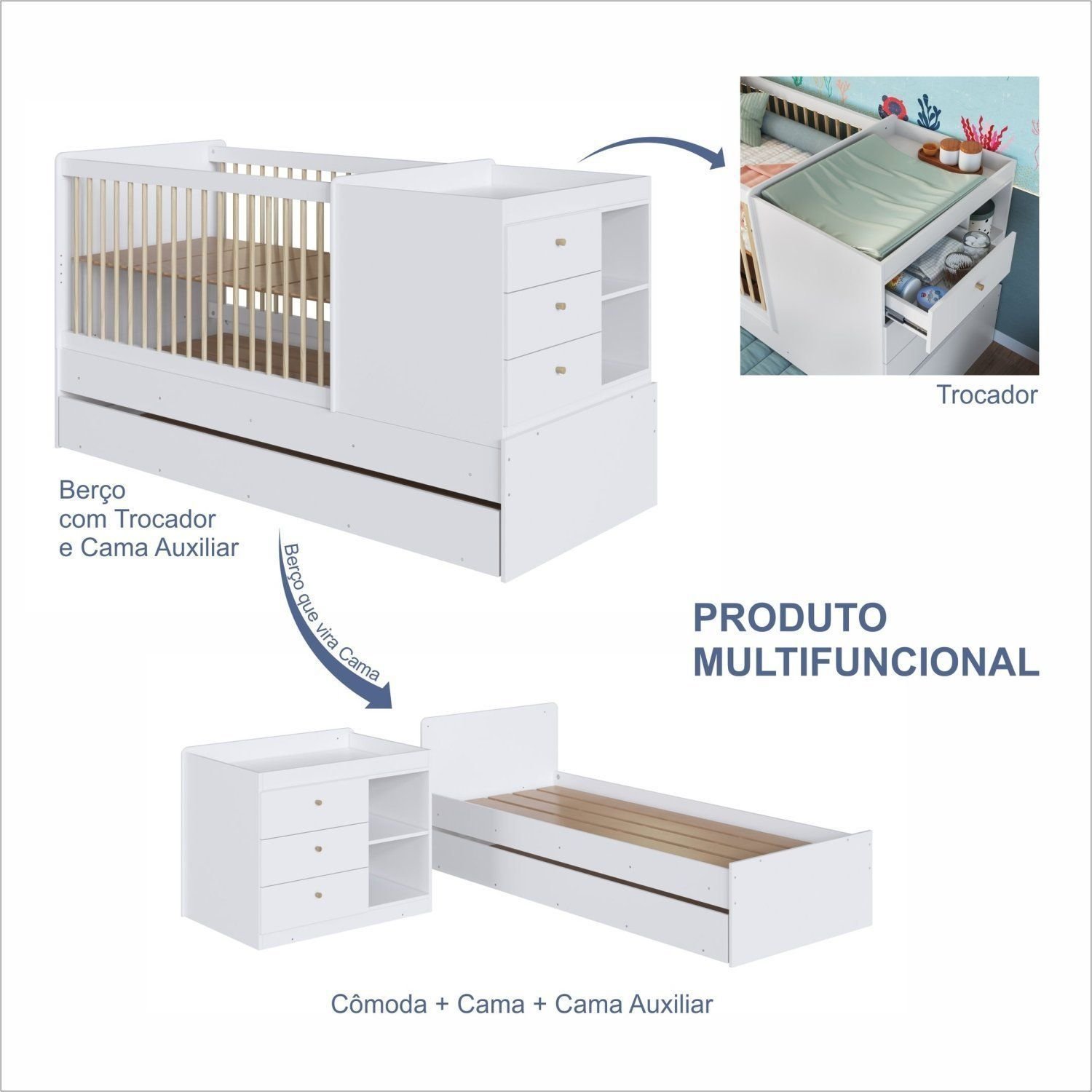 Berço Multifuncional com Cama Auxiliar 3 Gavetas | MadeiraMadeira