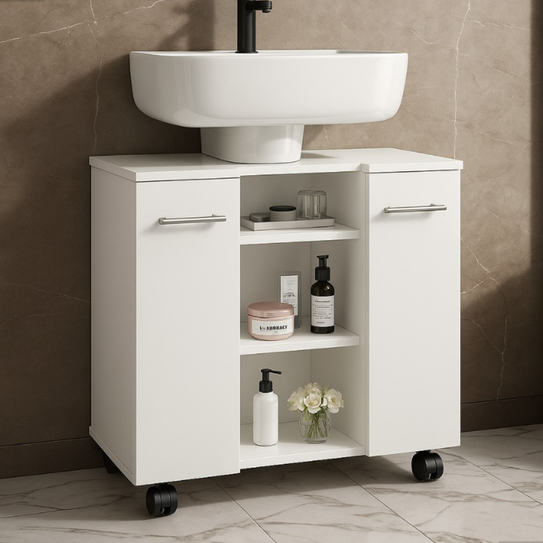 Gabinete com Duas Portas para Banheiro Rodízios Premium - Jm3 Móveis:branco Gabinete com Duas Portas para Banheiro Rodízios Premium - Jm3 Móveis:branco