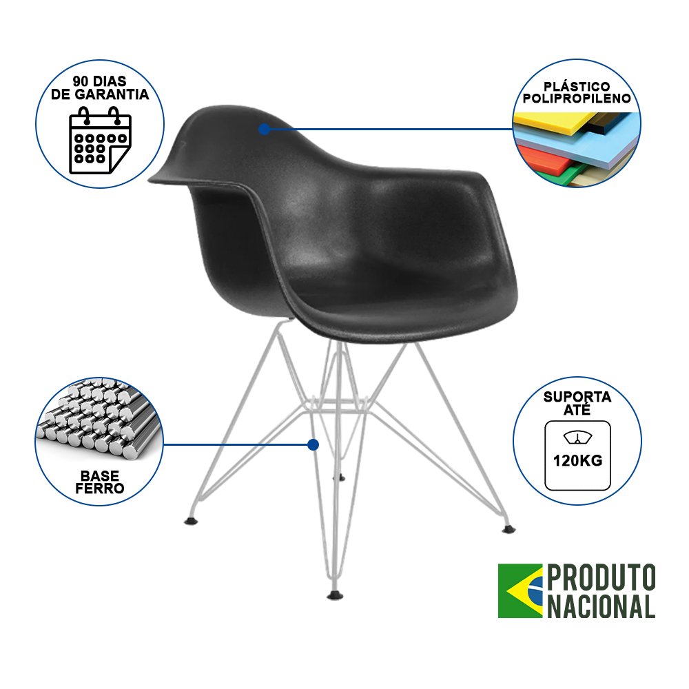 Kit 4 Poltronas Eames Eiffel Preta com Braço Daw Ferro Branco - 2