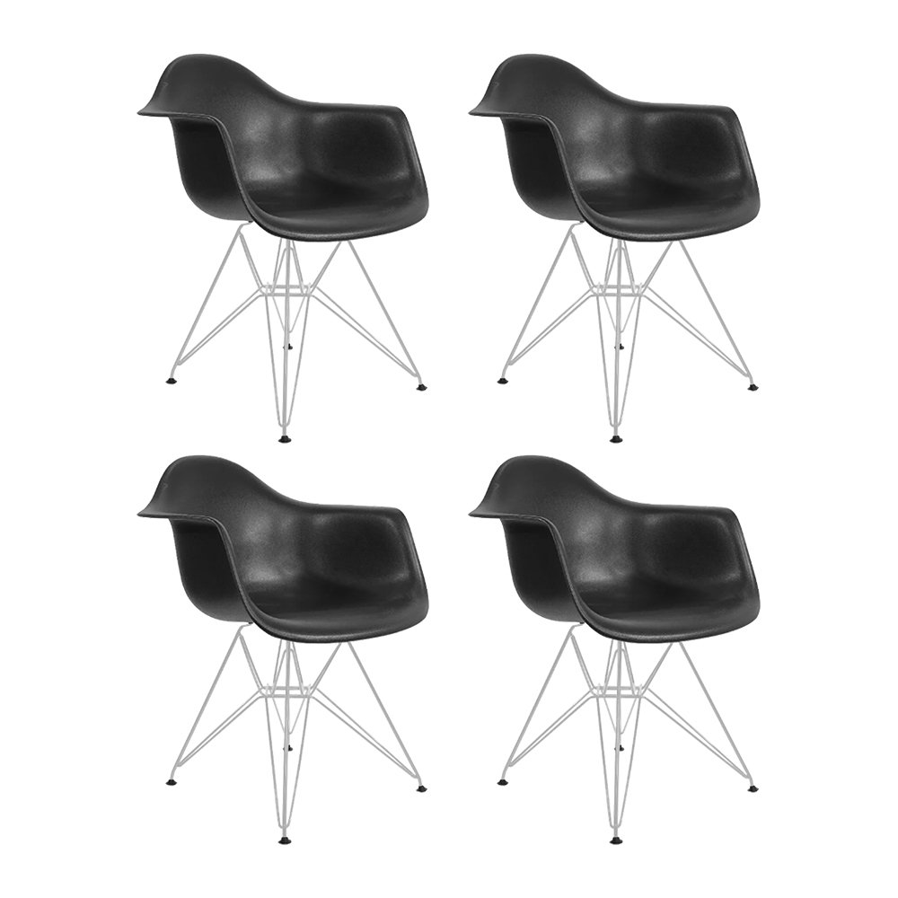 Kit 4 Poltronas Eames Eiffel Preta com Braço Daw Ferro Branco - 1