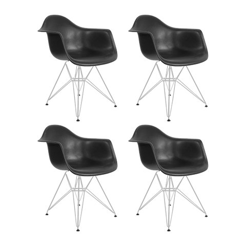 Kit 4 Poltronas Eames Eiffel Preta com Braço Daw Ferro Branco