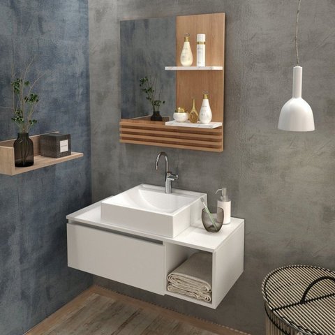 Conjunto Suspenso para Banheiro com Espelheira 80cm Branco/Marrom